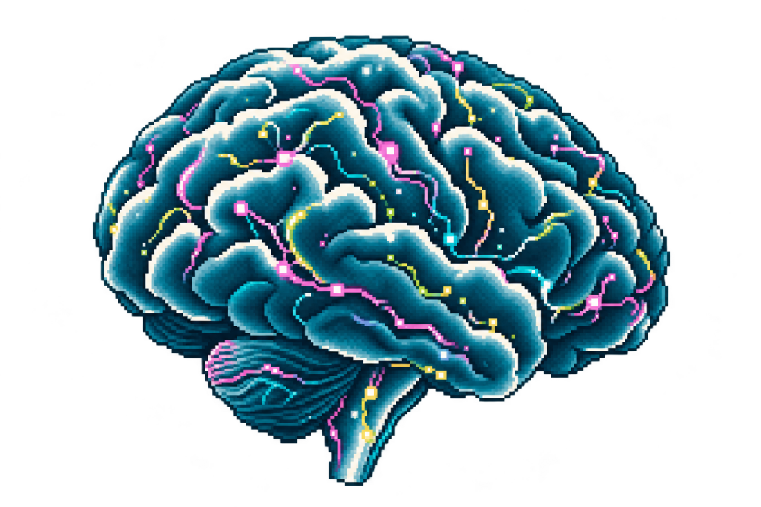 Cerebro de la Metodología LeaderChip ilustrado con detalles pixel en azul petróleo, rosa y turquesa